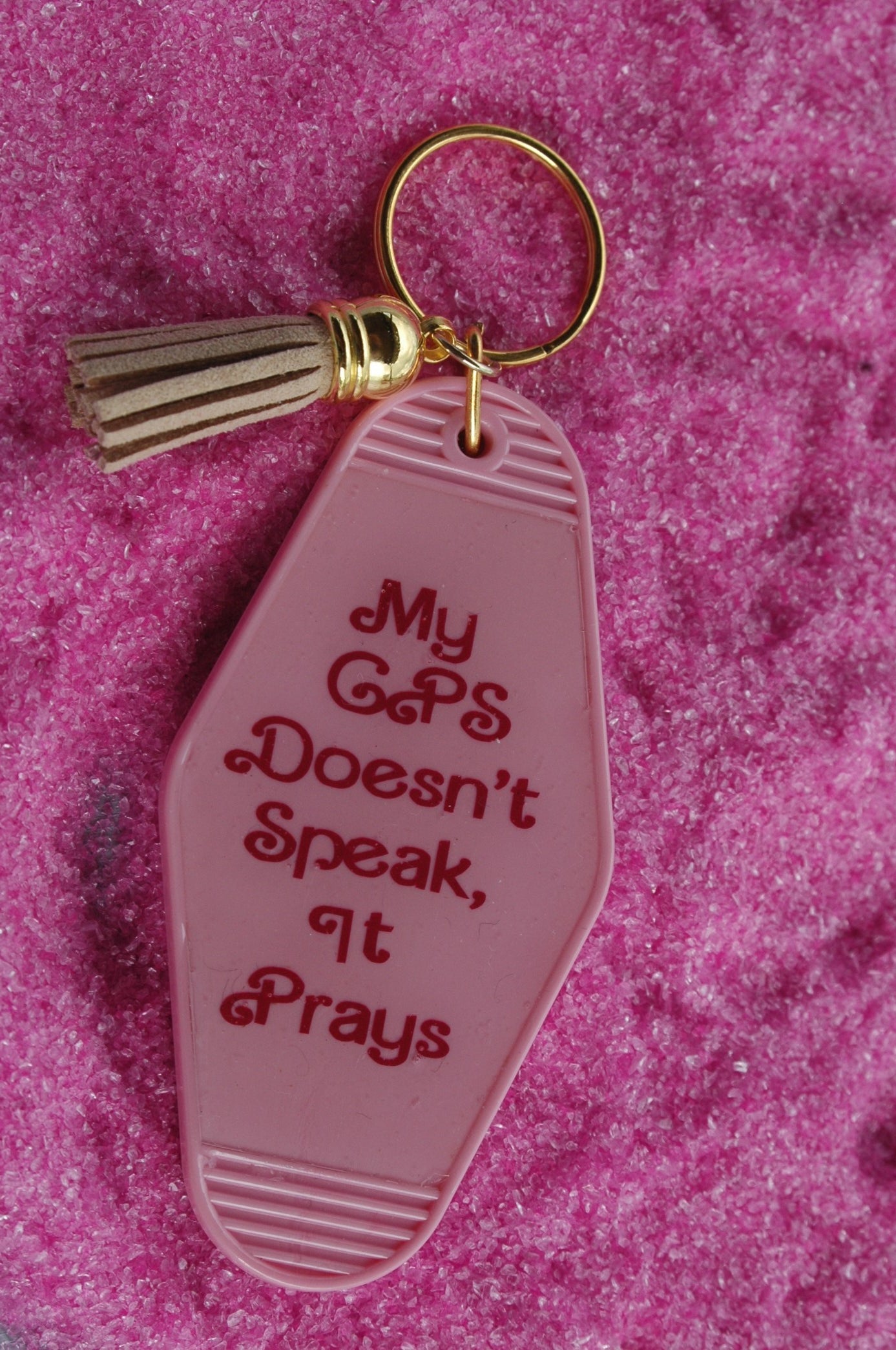 My GPS Prays Retro Motel Keychain