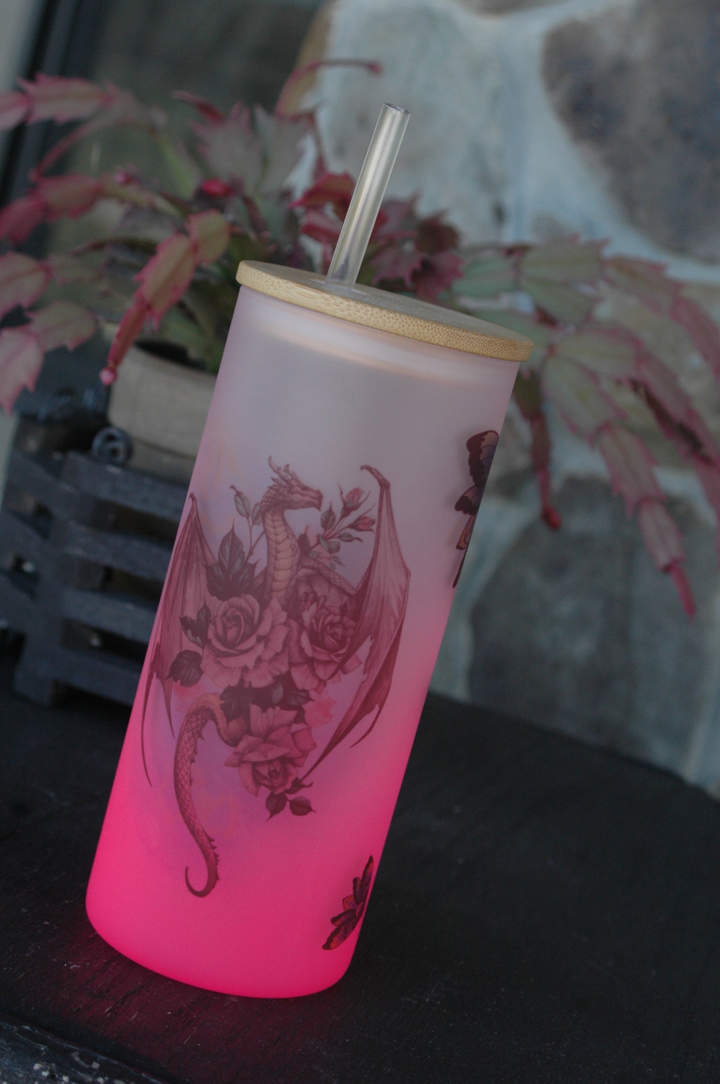 Dragon on Pink Ombre Glass Cup